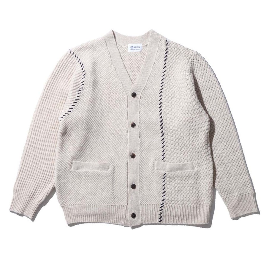 Clothing Kuon Knitwear | Kuon Multi-Patterned Cardigan W/Hand Stitch Ecru