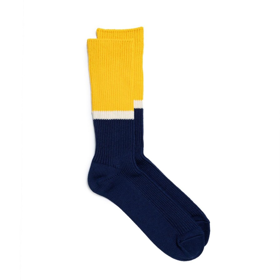 Accessories Rototo Rototo | Rototo Bicolour Ribbed Crew Socks Yellow/ Navy