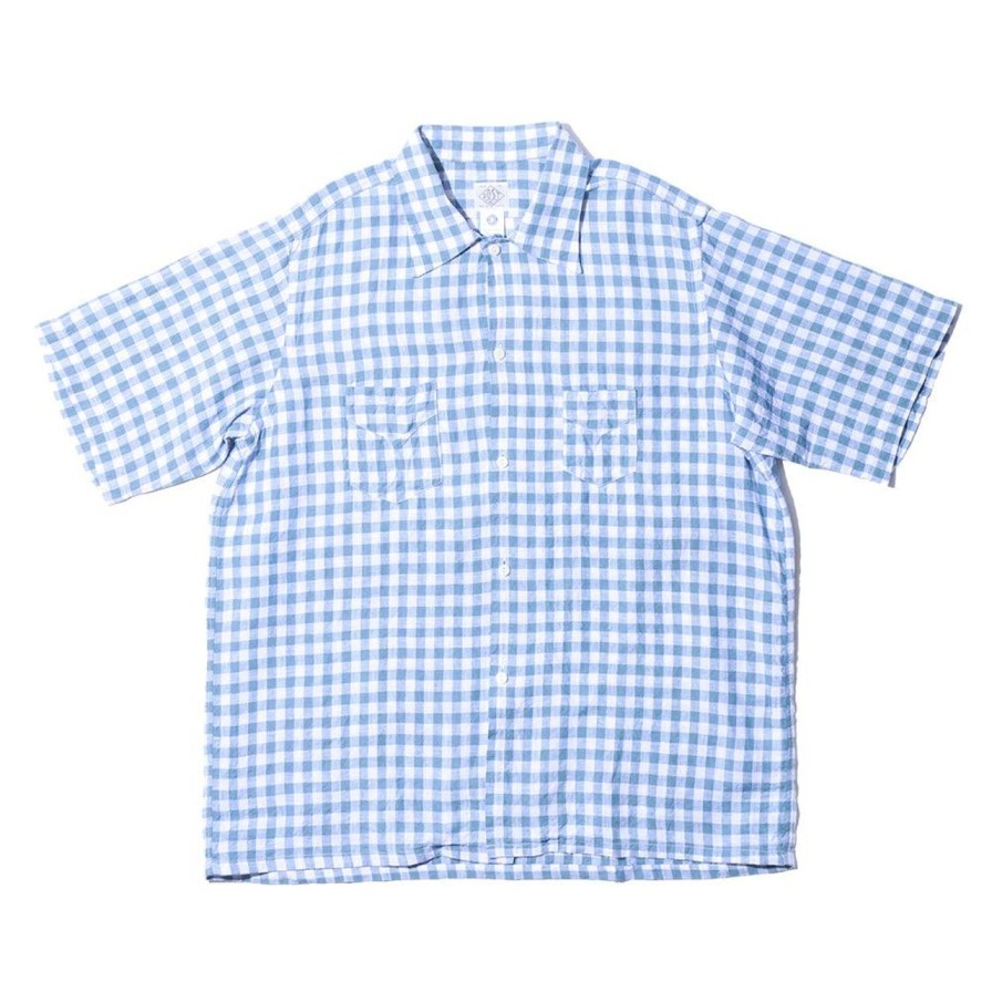 Clothing Post Overalls Shirts | Post Overalls Neutra 4 Linen Block Check S/S Shirt Slate Blue