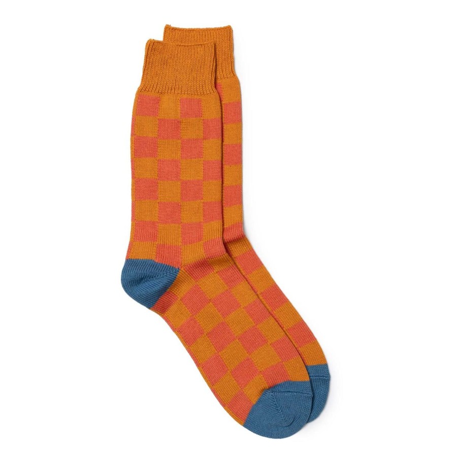 Accessories Rototo Rototo | Rototo Checkerboard Crew Socks Orange/ Light Orange/ Blue