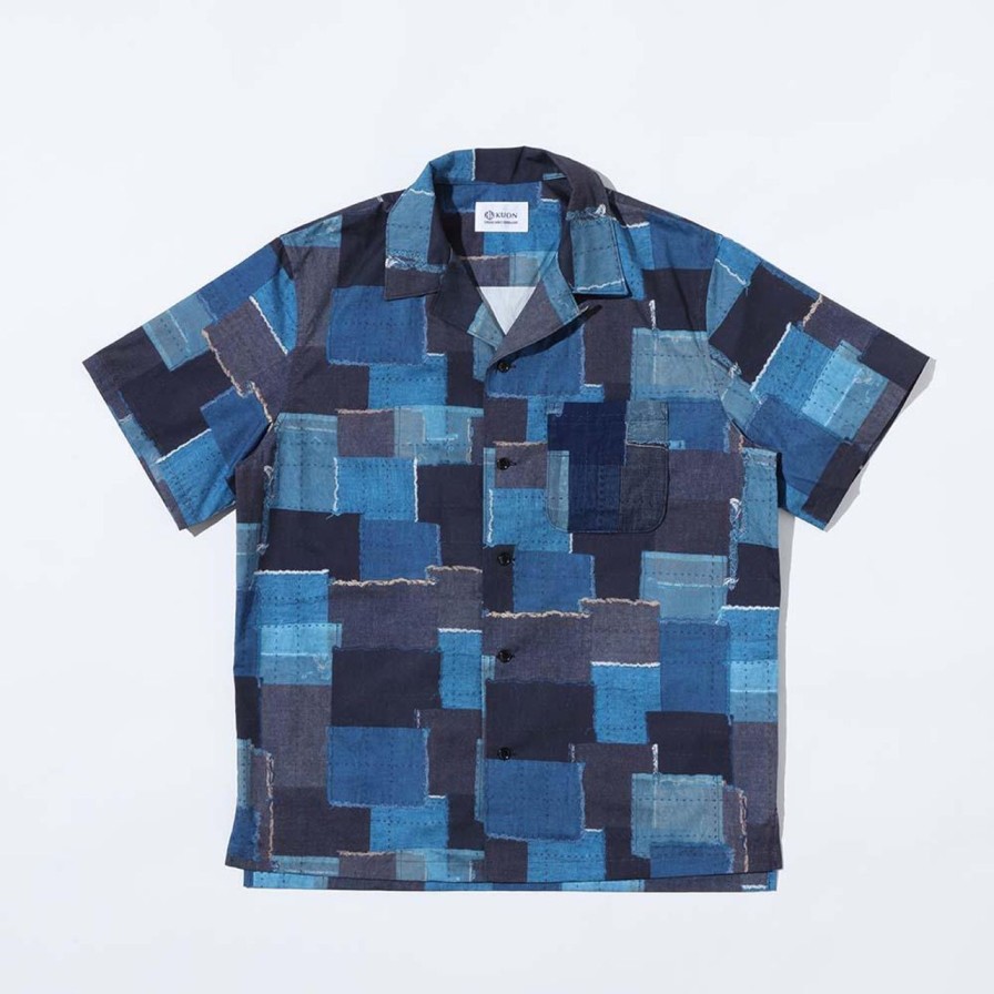 Clothing Kuon Shirts | Kuon S/S Patchwork Shirt Navy