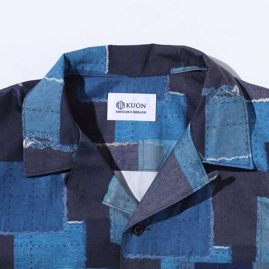 Clothing Kuon Shirts | Kuon S/S Patchwork Shirt Navy