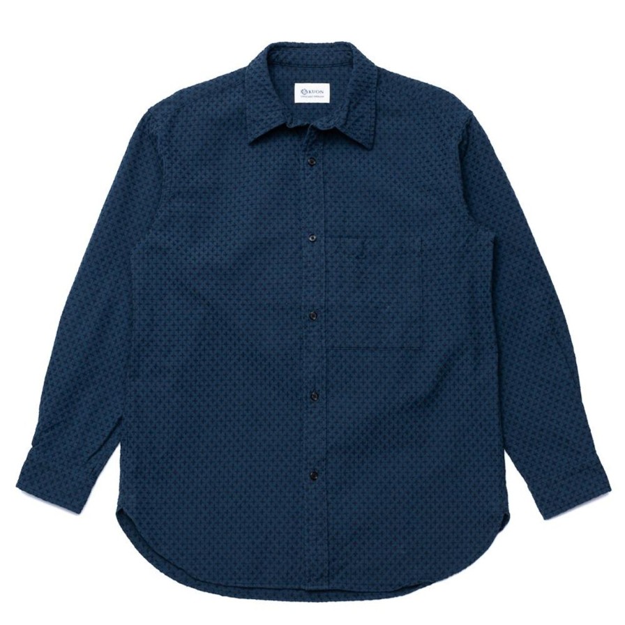 Clothing Kuon Shirts | Kuon Regular Collar Shirt Cross Sashiko Dark Blue