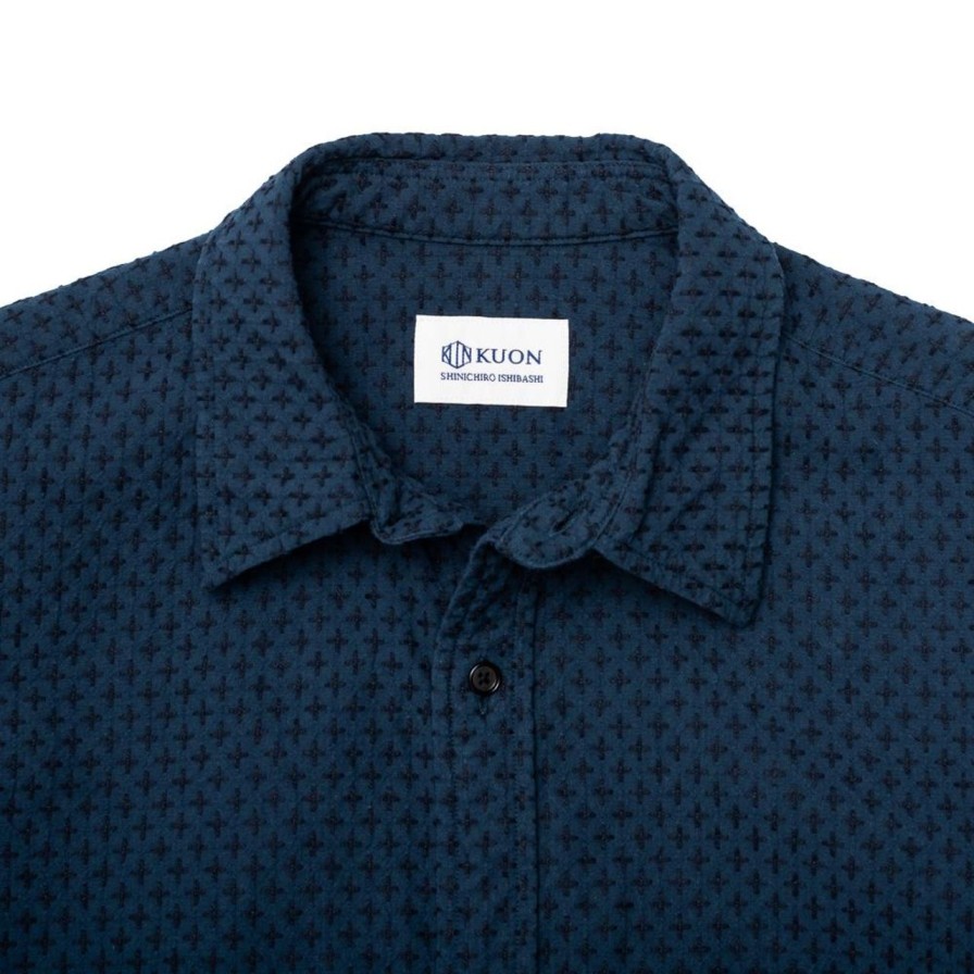 Clothing Kuon Shirts | Kuon Regular Collar Shirt Cross Sashiko Dark Blue