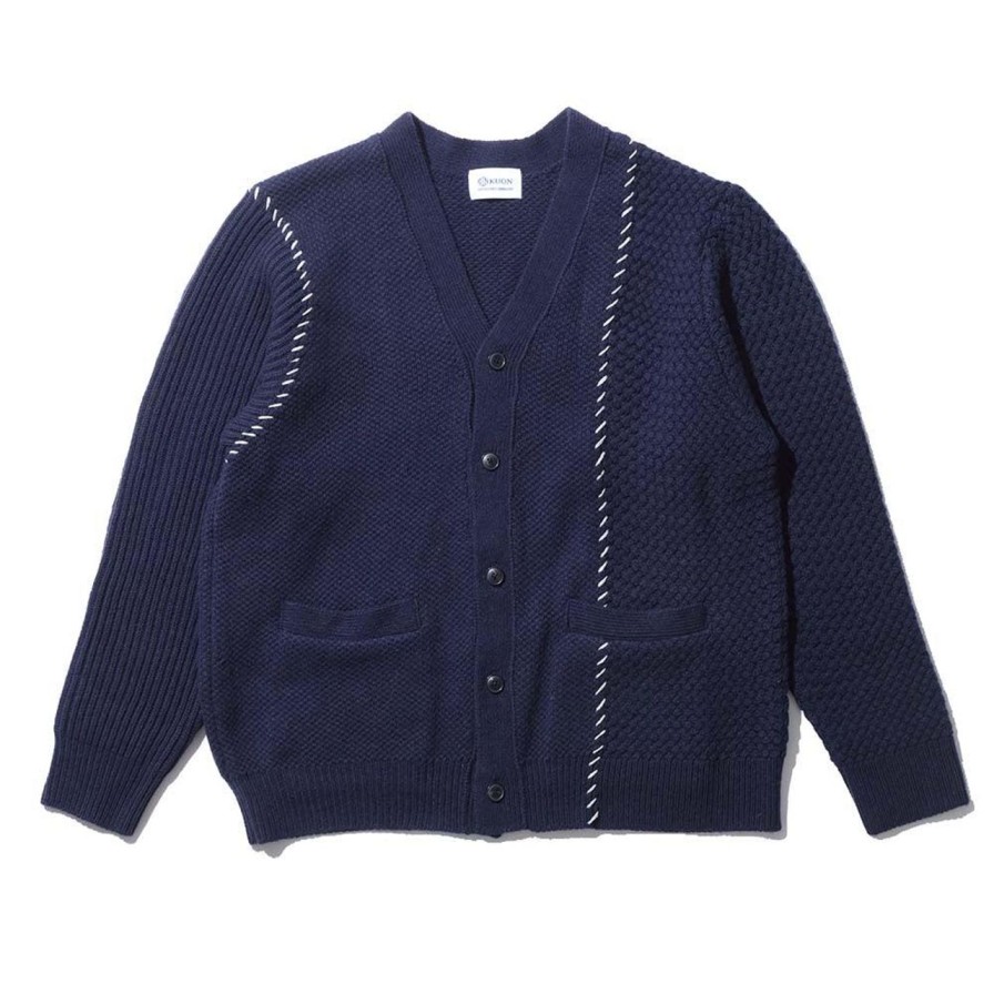 Clothing Kuon Knitwear | Kuon Multi-Patterned Cardigan W/Hand Stitch Navy