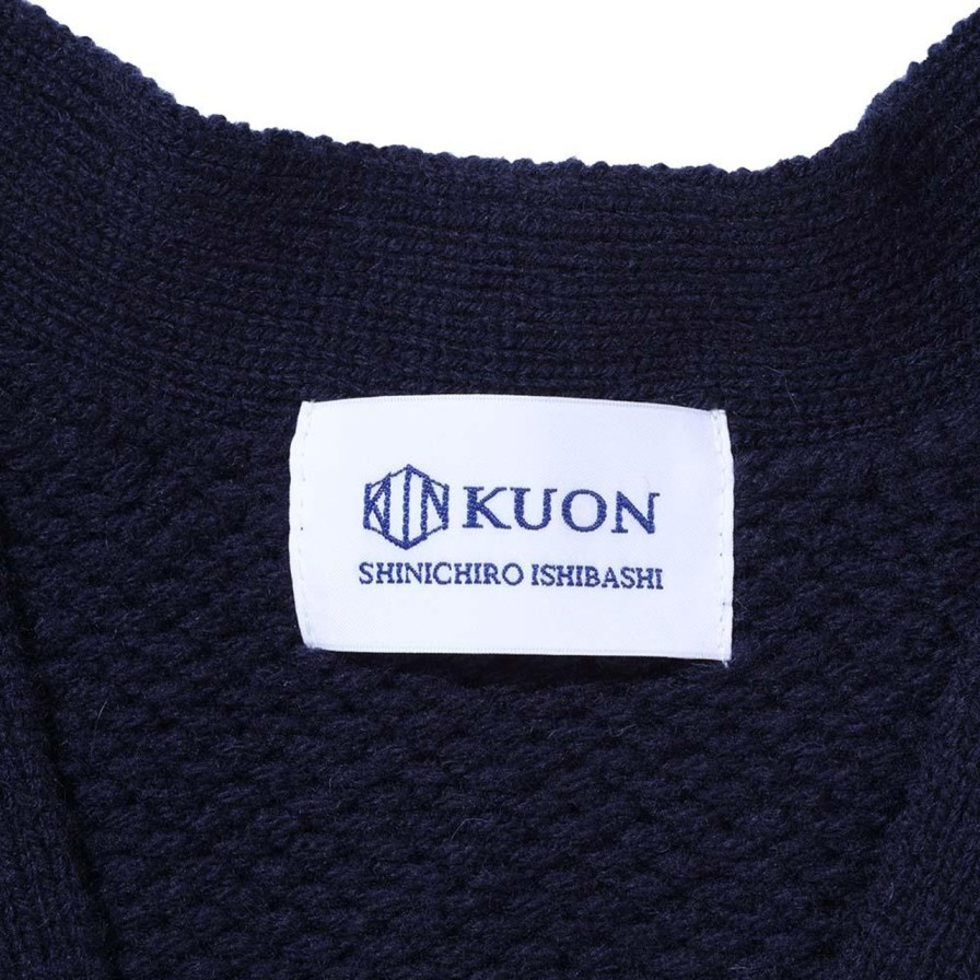 Clothing Kuon Knitwear | Kuon Multi-Patterned Cardigan W/Hand Stitch Navy