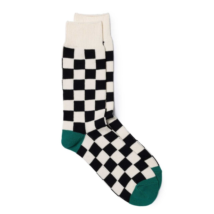 Accessories Rototo Rototo | Rototo Checkerboard Crew Socks Ivory/ Black/ Green