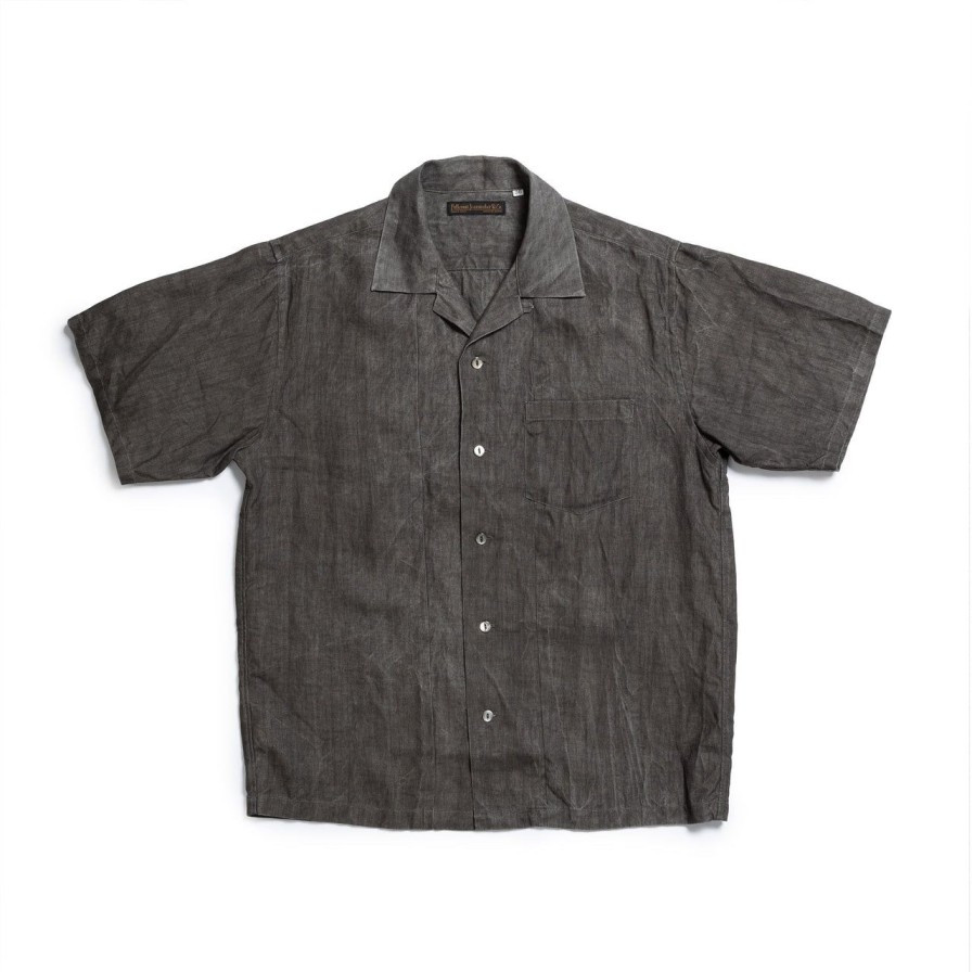 Clothing Full Count Shirts | Full Count Ink-Cake Dye Open Collar Shirt Linen Black