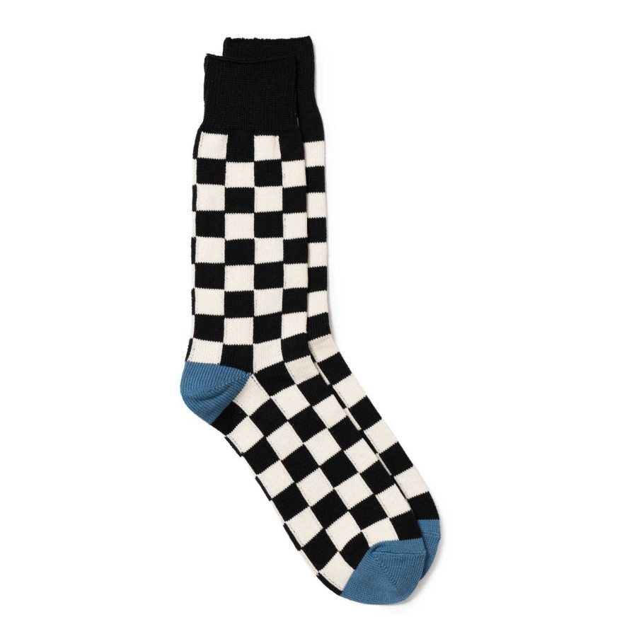 Accessories Rototo Rototo | Rototo Checkerboard Crew Socks Black/Ivory/L.Blue